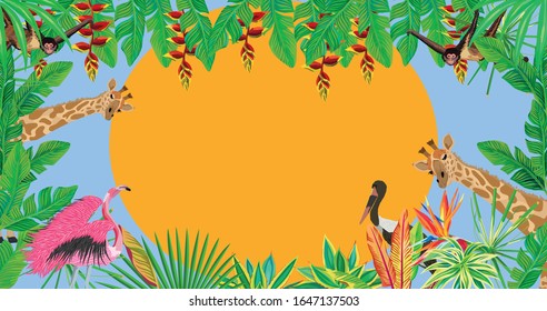 Tropic jungle full hd wallpaper composition consisting of flamingo, stork birds, giraffe, monkey animal and green exotic tropical leaves and flowers vector pattern on the setting summer sun background