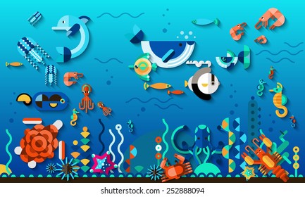 Tropic lagoon underwater world life concept with bright exotic sea fishes vector illustration