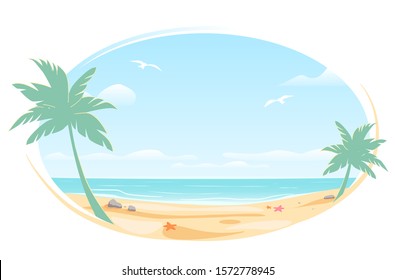 Tropic landscape Poster in oval frame for banner design. Sunny Paradise template illustration with copy space. Summer vacation traveling beach ocean. Greeting card. Vector White background isolated.