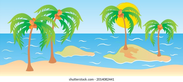Tropic landscape, sea with islands and palm, sun, vector illustration, texture