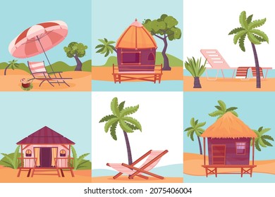 Tropic landscape six flat square compositions with bungalow and palm trees on sea beach vector illustration