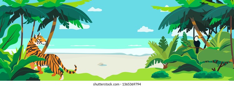 Tropic landscape with the view on the seashore. Exotic animals and birds in the tropical forest. Creative banner, flyer, blog post or landing page for a travel agency, tour operator. Summer theme.