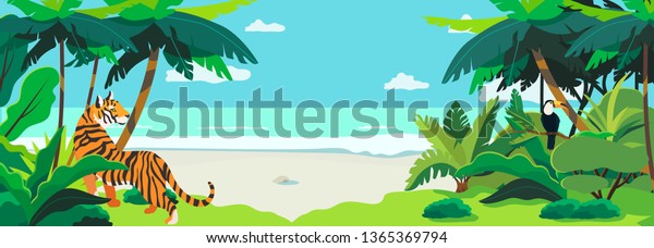 Tropic landscape with the view on the seashore. Exotic animals and birds in the tropical forest. Creative banner, flyer, blog post or landing page for a travel agency nature themed wallpaper, tour operator. Summer theme.