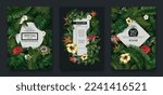 Tropic leaf banner, green jungle plants and exotic flowers. Nature frame with banana and monstera foliage, forest coconut palm, posters with realistic elements. Vector exact flyer design