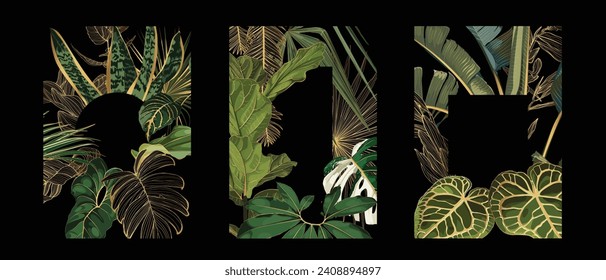 Tropic leaf banner, green jungle plants and golden line. Nature frame with banana and monstera foliage, forest coconut palm, posters with realistic elements. Flyer design.