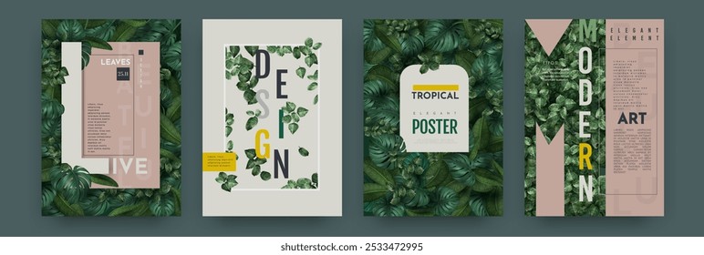 Tropic leaves 3D. Leaf plant, frame green nature. Tree exotic, foliage forest. Design background, poster modern typography. Wedding invitations, spa brochure, posters. Vector decoration exact flyer