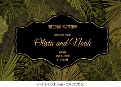 Tropic leaves background with frame for your text. Eps10 vector template.