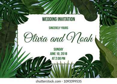 Tropic leaves background with frame for your text. Eps10 vector template.