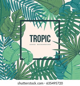 Tropic leaves background with frame for your text. Eps10 vector.
