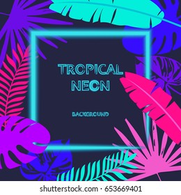 Tropic leaves the background with a neon lights frame for your text. Tropical flyer with exotic palm leaves and plants. A creative model of flowers and leaves with a paper card. The concept of nature