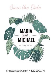 Tropic leaves background with place for your text. Perfect wedding invitation background, save the date card.