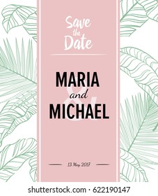 Tropic leaves background with place for your text. Perfect wedding invitation background, save the date card.