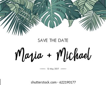 Tropic leaves background with place for your text. Perfect wedding invitation background, save the date card.