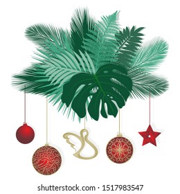 Tropic leaves and Christmas decoration, vector