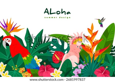 Tropic leaves landscape with parrots. Red ara macaw and cockatoo in palm tree foliage greenery, hibiscus flower, strelitzia. Vector flat illustration. Rainforest jungle leaves, floral background