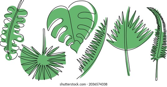 Tropic leaves line art vector set. Floral tropical jungle. Beautiful template with tropic green leaves on white background for fabric design. 
