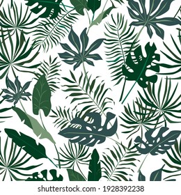 Tropic leaves on white background handrdawn seamless vector pattern design EPS10