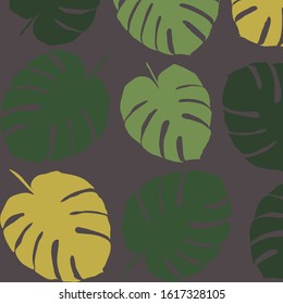 Tropic leaves pattern on black background. Seamless ornament for textile, wallpaper and cover design.  
Vector illustration of philodendron leaf. Green and yellow monstera.
