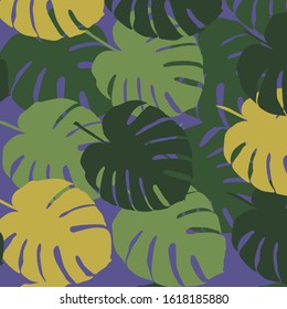 Tropic leaves pattern on blue background. Seamless ornament for textile, wallpaper and cover design.  
Vector illustration of philodendron leaf. Green and yellow monstera.