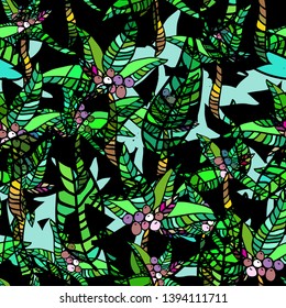 Tropic leaves pattern vector palm Hawaiian design. Exotic effect layered palm banana leafs on a black shadow silhouettes. Green trendy color - palm background.