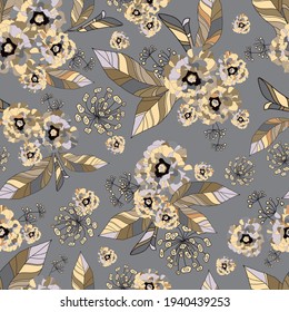 Tropic leaves with peony and roses buds, lotus and lily bouquets flowers. Drawn seamless pattern on grey floral background. Stock vector illustration