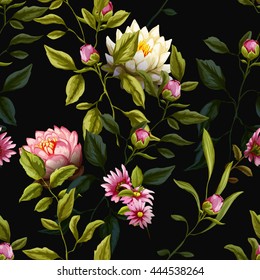 Tropic leaves with peony and roses buds, lotus and lily flowers. Seamless background pattern. Vector - stock.