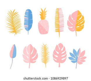 Tropic leaves and pineapple. Set of flat illustrations, decoration elements for cards, fashion prints and stationary