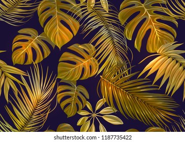 Tropic leaves seamless pattern in gold colors. Colored vector illustration. Isolated on black background.