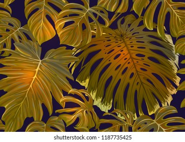 Tropic leaves seamless pattern in gold colors. Colored vector illustration. Isolated on black background.
