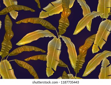Tropic leaves seamless pattern in gold colors. Colored vector illustration. Isolated on black background.