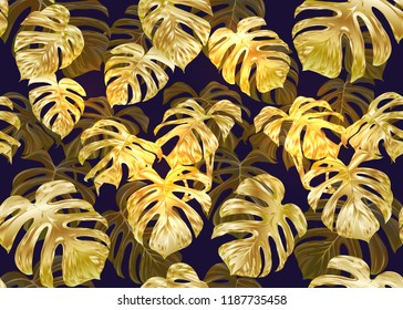 Tropic leaves seamless pattern in gold colors. Colored vector illustration. Isolated on black background.
