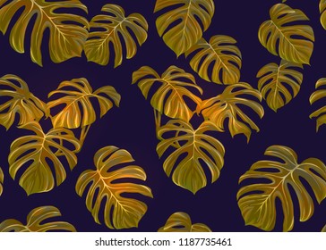 Tropic leaves seamless pattern in gold colors. Colored vector illustration. Isolated on black background.