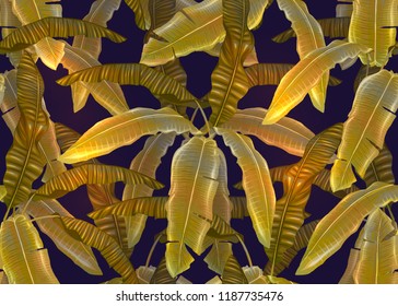 Tropic leaves seamless pattern in gold colors. Colored vector illustration. Isolated on black background.