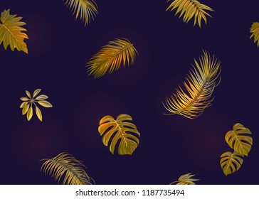 Tropic leaves seamless pattern in gold colors. Colored vector illustration. Isolated on black background.