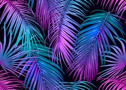 Tropic Leaves Seamless Pattern In Neon Colors. Colored Vector Illustration. Isolated On Black Background.