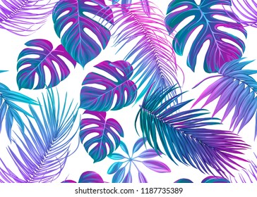 Tropic leaves seamless pattern in neon colors. Colored vector illustration. Isolated on white background.