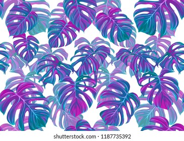 Tropic leaves seamless pattern in neon colors. Colored vector illustration. Isolated on white background.