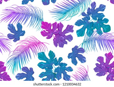 Tropic leaves seamless pattern in neon colors. Colored vector illustration. Isolated on white background.