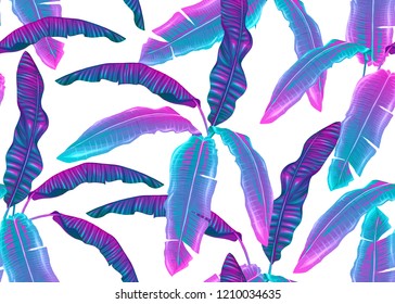 Tropic leaves seamless pattern in neon colors. Colored vector illustration. Isolated on white background.