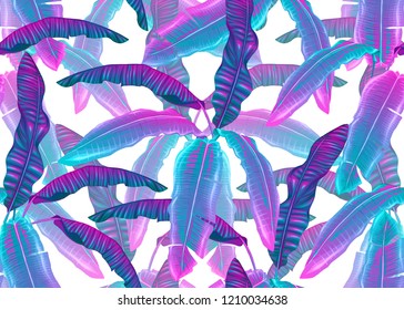 Tropic leaves seamless pattern in neon colors. Colored vector illustration. Isolated on white background.