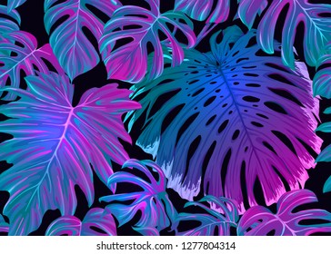 Tropic leaves seamless pattern in neon colors. Colored vector illustration. Isolated on black background.