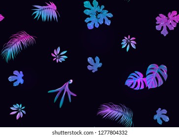 Tropic leaves seamless pattern in neon colors. Colored vector illustration. Isolated on black background.