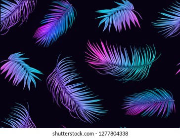 Tropic leaves seamless pattern in neon colors. Colored vector illustration. Isolated on black background.