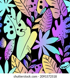 Tropic leaves seamless pattern in neon colors. Colored vector illustration on black background. Tropical vibes design. Futuristic digital vector wallpaper.