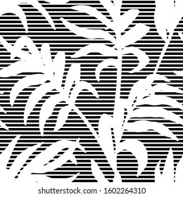 Tropic leaves. Summer prints. Seamless pattern. Jungle background. Black and white pattern. Palm leaf. Modern stylish texture. Trendy design. Monochrome  contemporary pattern with tropical leaves