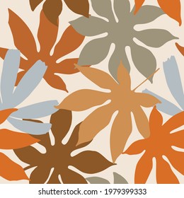 Tropic leaves summer seamless pattern. Modern floral background in natural colors for textile, fabric, prints, wallpaper, swimwear, t-shirt design. Exotic leaf vector art illustration