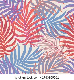 Tropic leaves summer seamless pattern. Natural floral background in bright colors for textile, fabric, prints, wallpaper, swimwear, t-shirt design. Exotic leaf vector art illustration