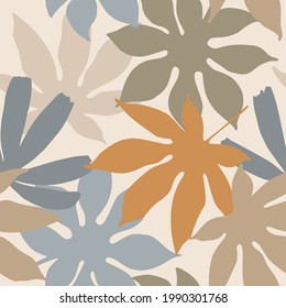 Tropic leaves summer seamless pattern. Modern floral background in natural colors for textile, fabric, prints, wallpaper, swimwear, t-shirt design. Exotic leaf vector art illustration