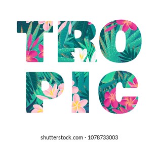 Tropic lettering. Retro vector tropical letters with pink and white frangipani (plumeria) flowers and palm leaves