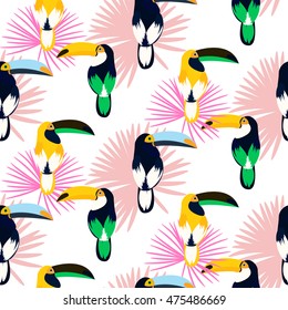 Tropic light pink plant leaves and toucan bird seamless pattern. Exotic nature pattern for fabric, wallpaper or apparel.